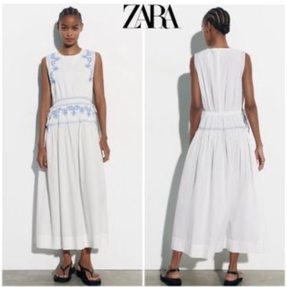 Zara White Midi Dress with Blue Embroidered Detail